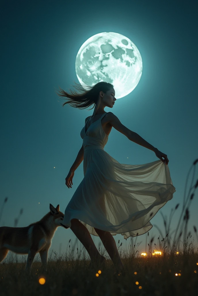 ((best quality)), ((masterpiece)), (detailed), ((best quality)), ((masterpiece)), (detailed), long exposure photo of a sexy tall girl as a dancer in motion, full body, wilderness dancer dress, dancing in the moon night, shiny porcelain skin, few animals behind, focus on the girl, soaring the sky, blurred edges, (low angle)++, below view, slow shutter speed motion photography, whirl dust trail behind, shot on FujiFilm XT4 camera f/2. ISO 200, dynamic motion, cinematic movement, blurry edges, super detailed, perfect face, perfect motion, side view, best quality, dust trail along the motion with a fire element transition movement of color background