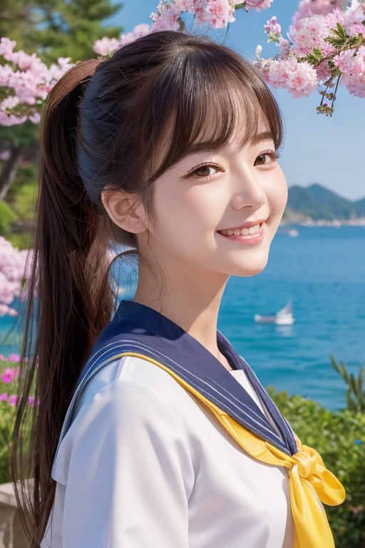 (masterpiece, Highest quality, Highest quality, Official Art, beautifully、aesthetic:1.2), (One girl), Very detailed, (Fractal Art:1.3), colorful, Most detailed, Perfect Face, Upper Body, High resolution, ponytail、smile、Korean Hair、Sailor suit
