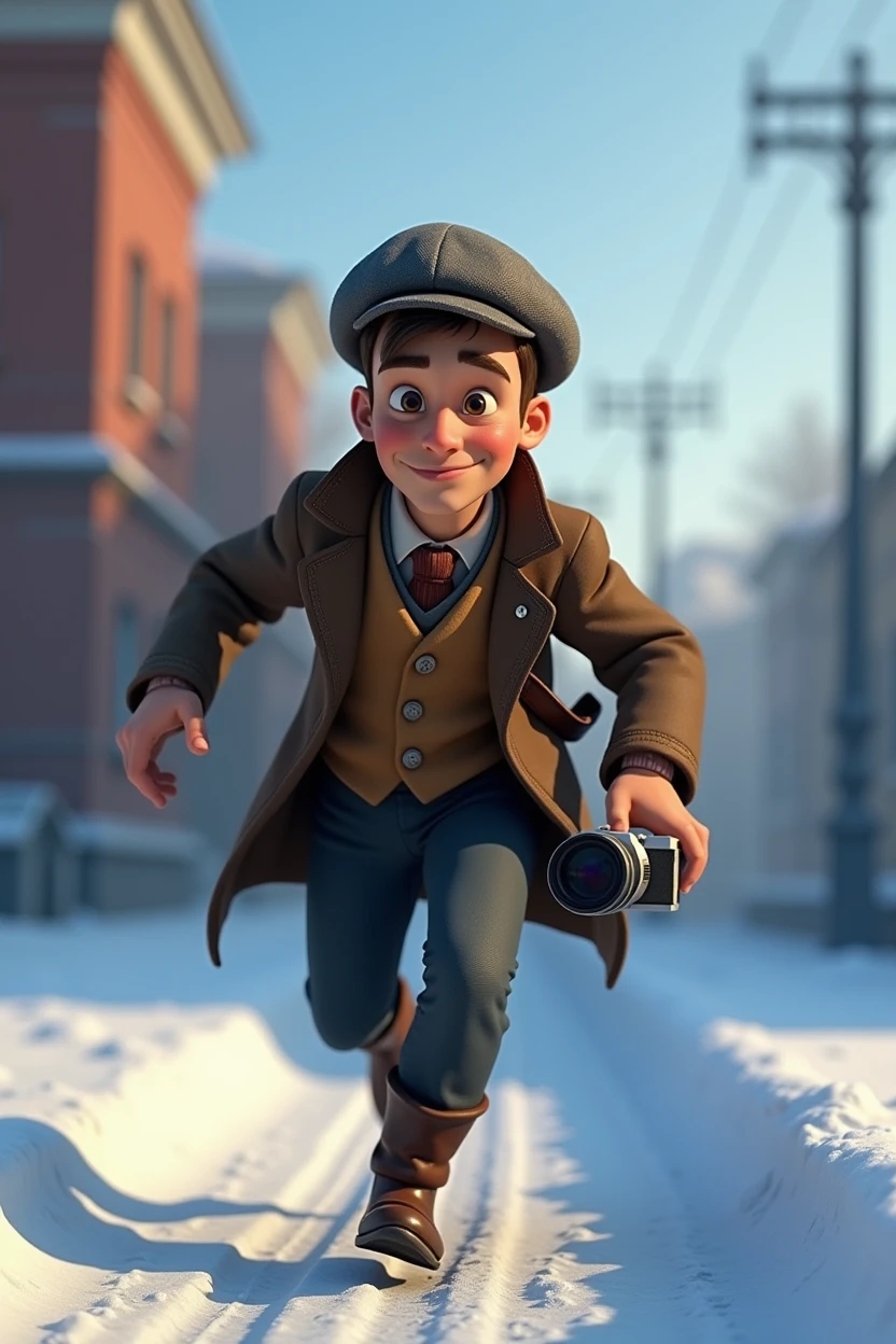 Pixar style, animation, 3d, journalist, 1900s, Russia, snow background, journey, camera, 30s age, adventure, running , movie poster, high quality, running face expression, vantage camera on his hand, full body shows. Disney, running from gangsters.