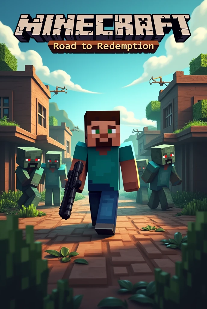 "Create a square logo in Minecraft style, 1:1 aspect ratio. The main focus is a Minecraft-style character holding a gun in a small town setting. Surrounding the character are zombies, and the overall theme is post-apocalyptic wasteland. The top of the image should feature the text 'Road to Redemption Reborn'."