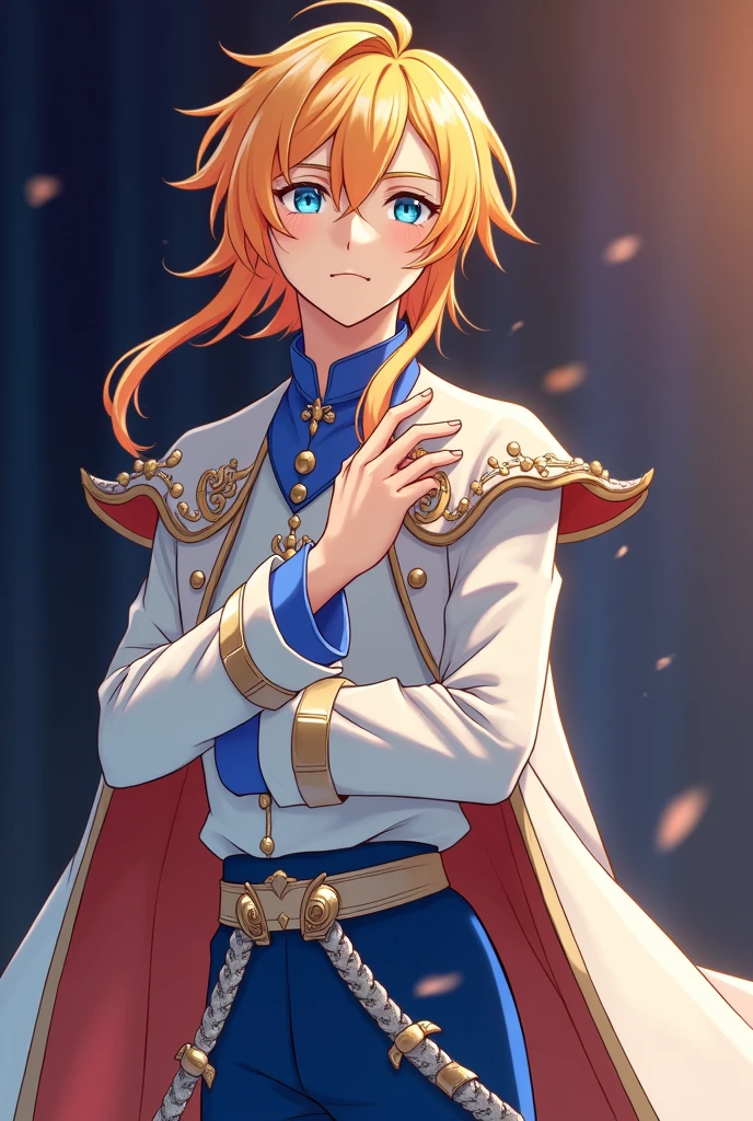 I drew a high school boy who was doing a play, with blonde hair.、She's wearing a white outfit with a blue collar, and her hair is sticking out.、The bangs are separated into three sections.々Please make a face like this. The hair will have a gradient of orange towards the end. It's a boy. The hair is well-groomed.、I'm a little out of it. Please dress me like a prince. My pants have silver decorations. My eyebrows are raven-haired.、Always confident々A face like that The bangs are divided into three sections.、The hair in the middle flows to the right、The rest of the hair is flowing to the left and right. The hair is a little shorter.