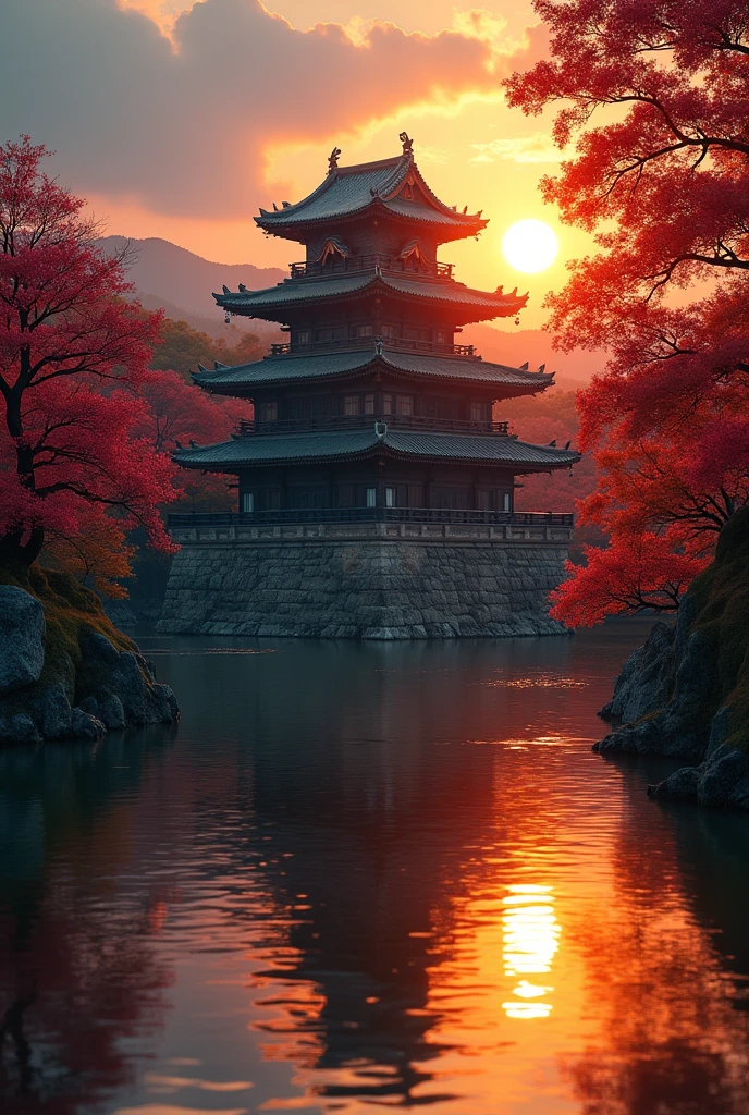 a National Geographic picture of dark Japanese medieval temple, as the sun (rises in the horizon: 1.1), it sits on the bank of a river near surrounded by cherry trees, almond trees, Japanese maple trees, (all trees in many colorful shades of green, red, pin, orange: 1.5) ((all scenery is reflected in the river: 1.5)), an epic ancient Japanese medieval temple, ancient and epic in its majestic antiquity, a sense of serenity, tranquility, divine rays, some clouds, sun rays, (highest quality:1.2, Very detailed, up to date, Vibrant, Ultra-high resolution, High Contrast, masterpiece:1.2, highest quality, Best aesthetics), best details, best quality, highres, ultra wide angle, 16k, [ultra detailed], masterpiece, best quality, (extremely detailed: 1.5), Cinematic Hollywood Film, RagingNebula