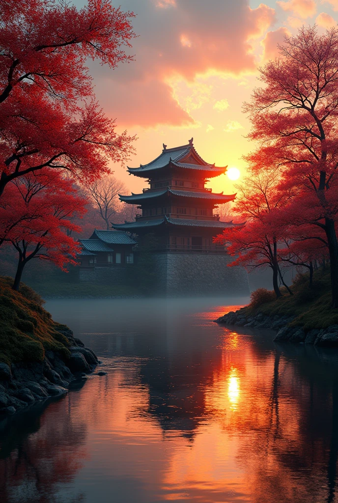 a National Geographic picture of dark Japanese medieval temple, as the sun (rises in the horizon: 1.1), it sits on the bank of a river near surrounded by cherry trees, almond trees, Japanese maple trees, (all trees in many colorful shades of green, red, pin, orange: 1.5) ((all scenery is reflected in the river: 1.5)), an epic ancient Japanese medieval temple, ancient and epic in its majestic antiquity, a sense of serenity, tranquility, divine rays, some clouds, sun rays, (highest quality:1.2, Very detailed, up to date, Vibrant, Ultra-high resolution, High Contrast, masterpiece:1.2, highest quality, Best aesthetics), best details, best quality, highres, ultra wide angle, 16k, [ultra detailed], masterpiece, best quality, (extremely detailed: 1.5), Cinematic Hollywood Film, RagingNebula