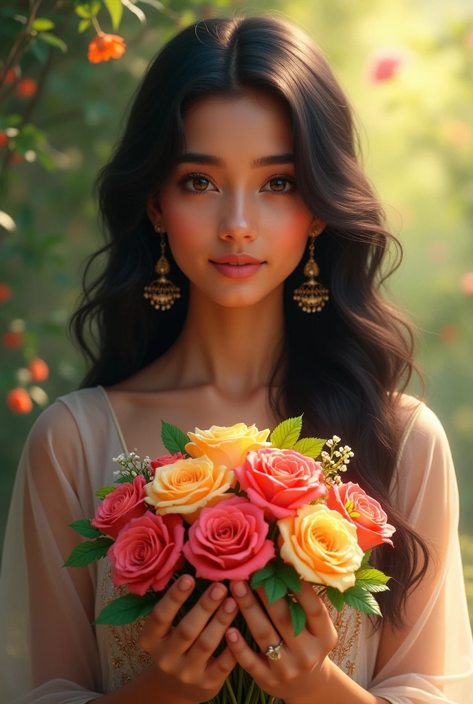 Beautiful Indian girl with flowers in hand 
