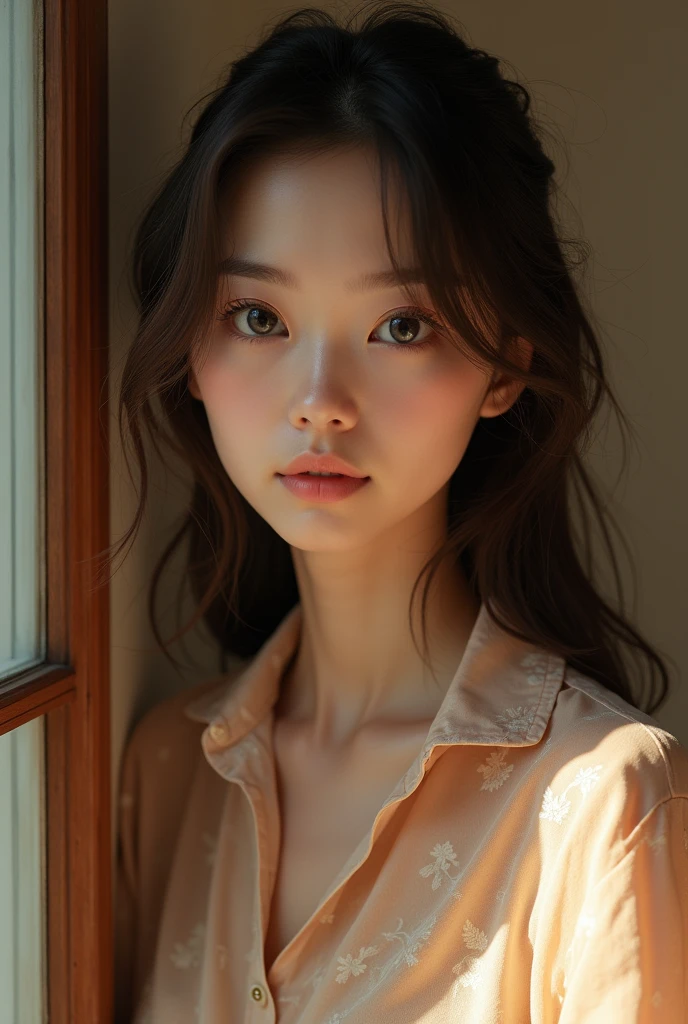 Highest quality, Face Focus, Soft Light, Ultra-high resolution, (Realistic:1.4), RAW Photos, Japanese girl, alone, cute, (pupil, Light in your eyes), Beautiful face in every detail, (Small box),(High resolution detail of human skin texture), (Long Hair Brown), indoor, Damask Shirt Dress, (Portraiture)、Loungewear