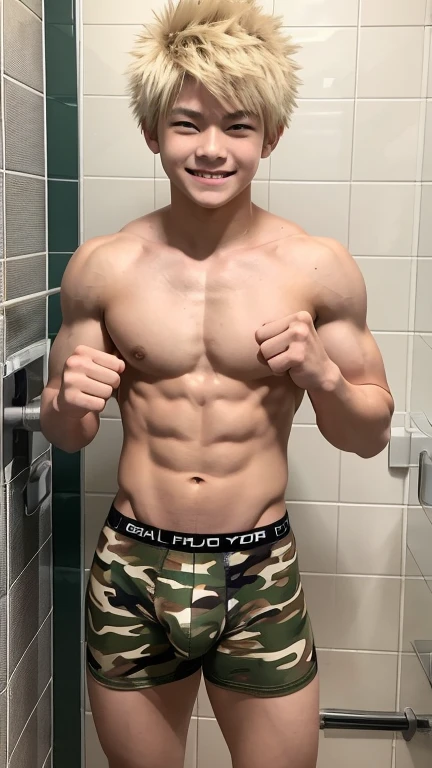 Japanese high school boy、、Well-developed muscles and smooth skin、Pale blonde hair, spiky like Bakugou、A defiant smile、Camouflage boxer briefs、The whole body is visible from toes to head、Fist pump in the bathroom、Hero Academy