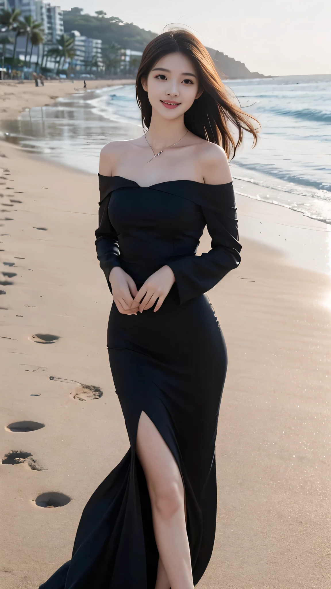 A sweet girl by the beach，voluminous hair，Delicate face，Photorealsitic，of a real，largeaperture，wears a black dress，A cropped dress，Off-the-shoulder，A dress around the neck，Slim，smiles，Ultra-high resolution