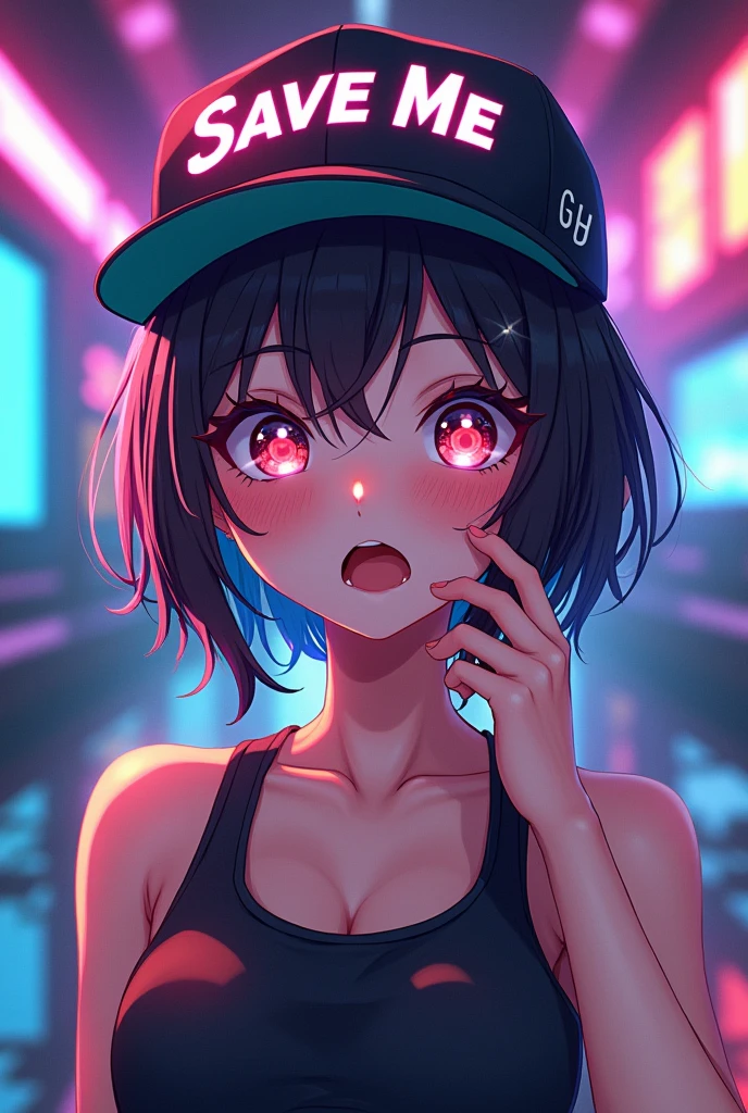 Cool anime Gamer Girl With A Head Cap which is writen " Save Me "