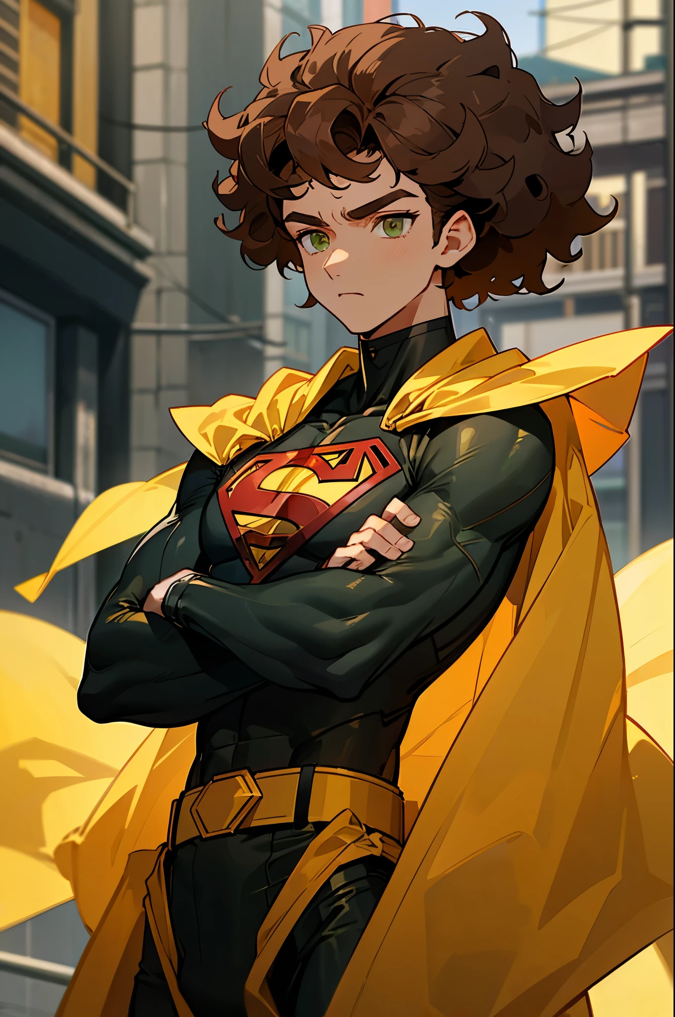 1male , Low taper fade , curly head , brown Hair , green Eyes , Lean , male , black Body Suit , Serious Expression , Modern City Background , Yellow Baggy Pants , Sash belt , Yellow S symbol on chest, street level background, cowboy shot, upper body, superman shirt, arms crossed, white arm sleeves, black and yellow long sleeved jacket,