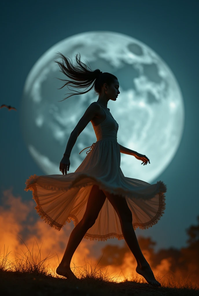 ((best quality)), ((masterpiece)), (detailed), ((best quality)), ((masterpiece)), (detailed), long exposure photo of a sexy tall girl as a dancer in motion, full body, wilderness dancer dress, dancing in the moon night, shiny porcelain skin, few animals behind, focus on the girl, soaring the sky, blurred edges, (low angle)++, below view, slow shutter speed motion photography, whirl dust trail behind, shot on FujiFilm XT4 camera f/2. ISO 200, dynamic motion, cinematic movement, blurry edges, super detailed, perfect face, perfect motion, side view, best quality, dust trail along the motion with a fire element transition movement of color background