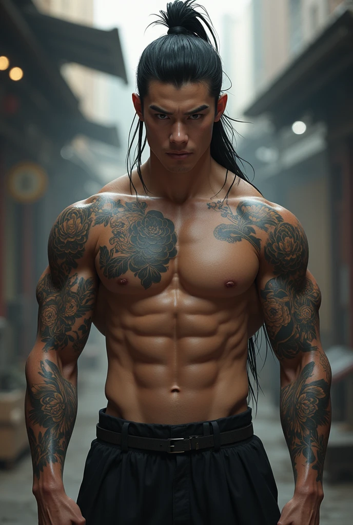 Japanese young man. Clean shave. Muscular yet lean body. Extremely handsome, grey eyes, long hair tied in a bun, broad shoulders and chest, muscular, long legs, big hands. Everything about him is big. His arms are covered with tattoos.
