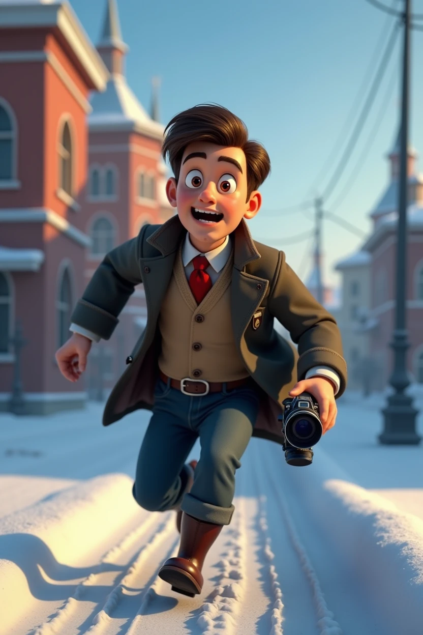 Pixar style, animation, 3d, journalist, 1900s, Russia, snow background, journey, camera, 30s age, adventure, running , movie poster, high quality, running face expression, vantage camera on his hand, full body shows. Disney, running from gangsters.