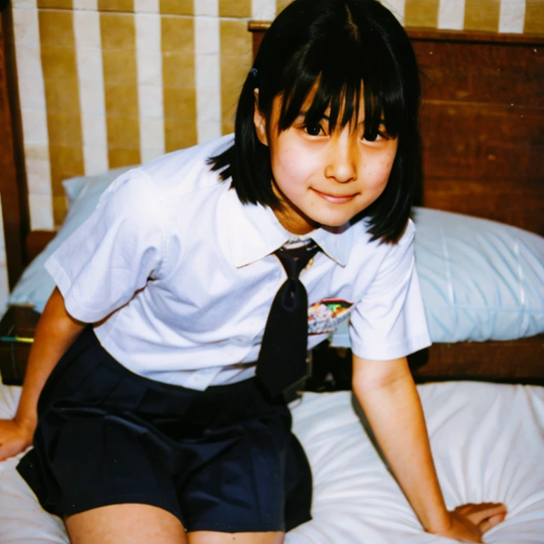 school uniform, Photo of a cute teenage Japanese girl on bed.