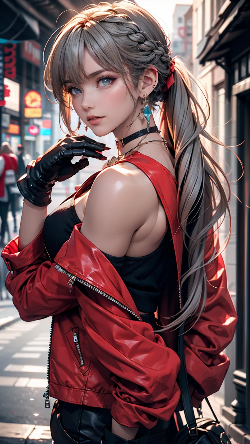 One girl, Aqua Eye, return, bangs, Exposing shoulders, black gloves, blue eyes, Braiding, choker, Earrings, fingerless gloves, From behind, gloves, Grey Hair, Holding, Jacket, jewelry, Long Hair, View Viewer, looking return, Manicure, Off the shoulder, Lips parted, Earrings, ponytail, red Jacket, alone, Upper Body,He didn&#39;t,[[Realistic]],(Shiny skin),(masterpiece:1.4),(highest quality:1.4)