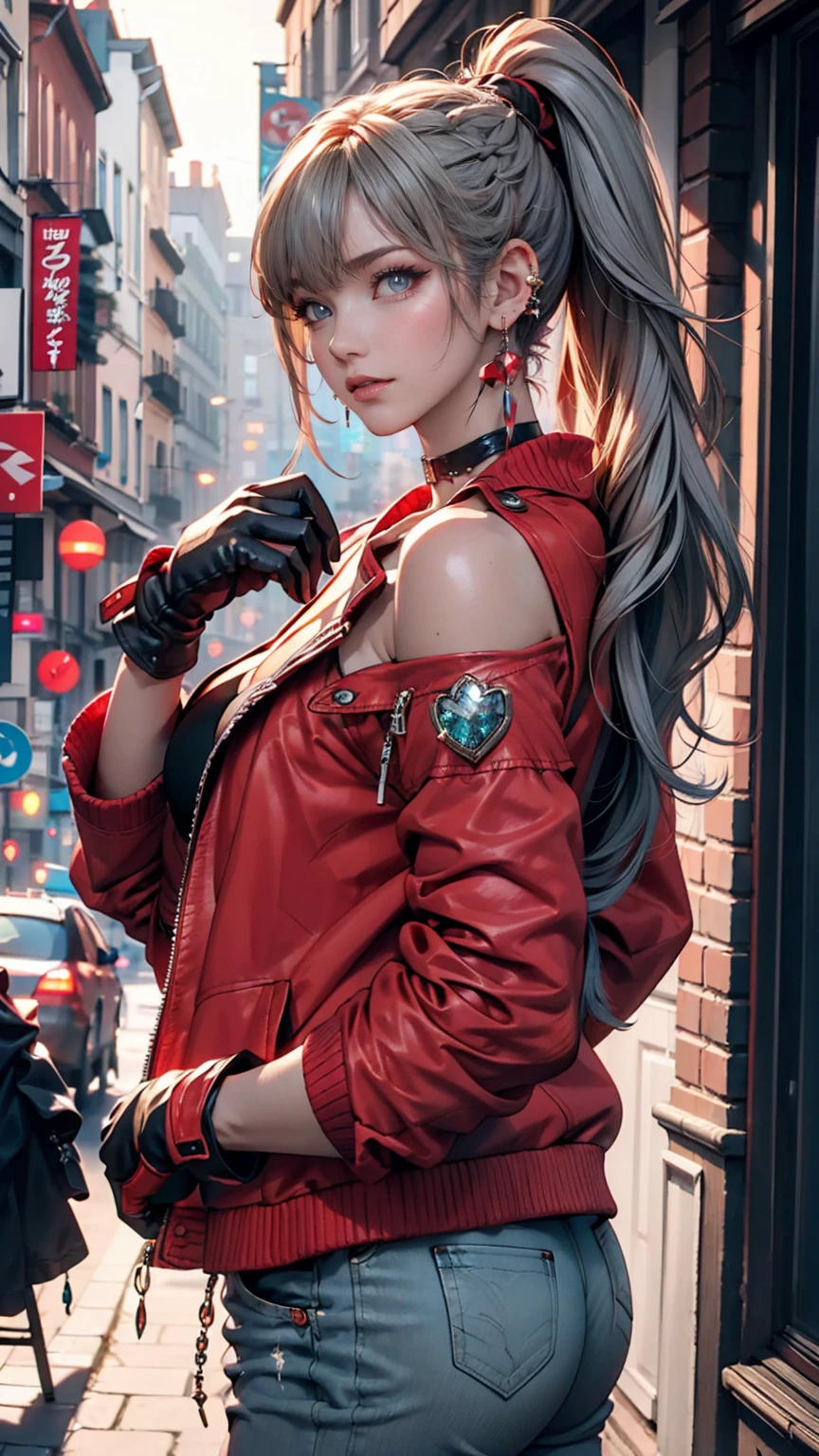 One girl, Aqua Eye, return, bangs, Exposing shoulders, black gloves, blue eyes, Braiding, choker, Earrings, fingerless gloves, From behind, gloves, Grey Hair, Holding, Jacket, jewelry, Long Hair, View your viewers, looking return, Manicure, Off the shoulder, Lips parted, Earrings, ponytail, red Jacket, alone, Upper Body,He didn&#39;t,[[Realistic]],(Glowing Skin),(masterpiece:1.4),(Highest quality:1.4)