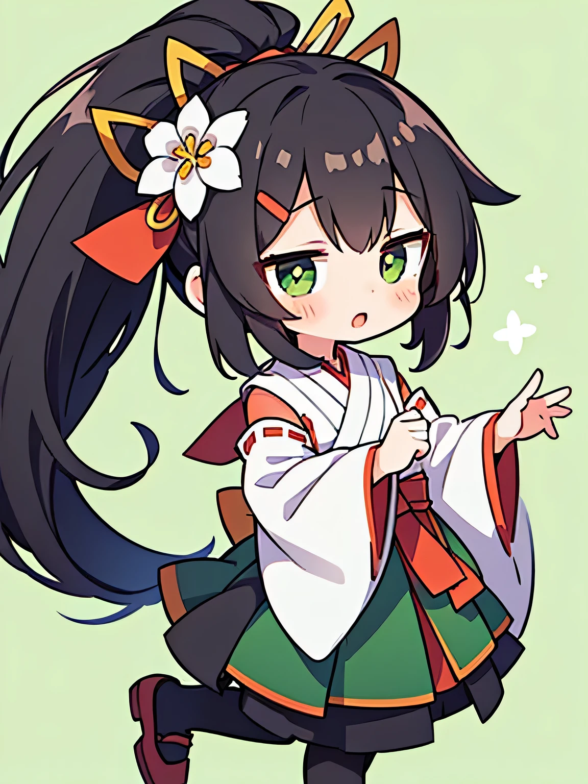 One girl,Miko costume , Littleキャラ ,Long Black Hair, Ponytail Hair Flower Hair Ornament, Little, whole body, Green background, Open your mouth