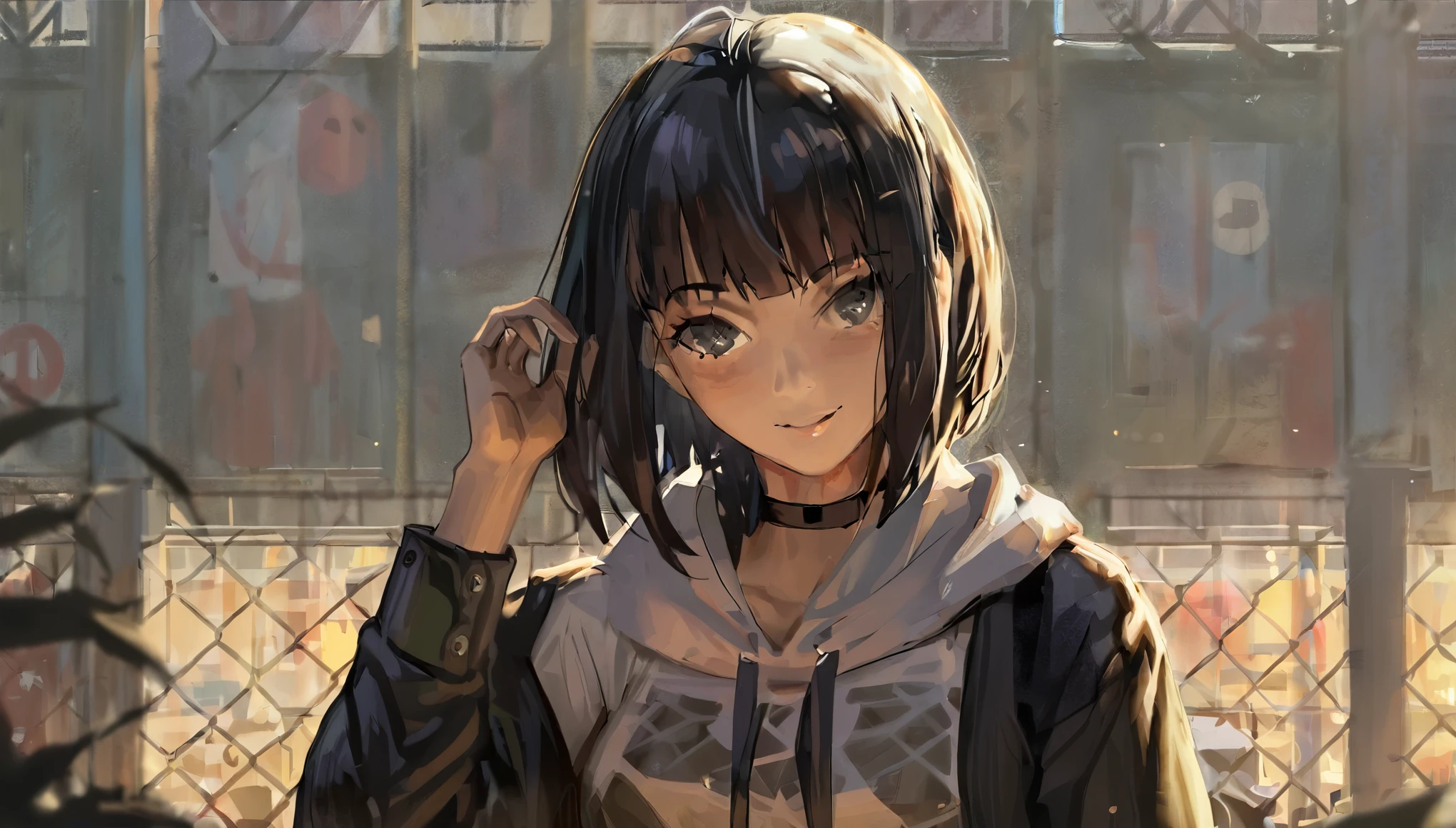 masterpiece, best quality, high quality, hyperdetailedanime painting, anime painting, painterly, realistic painting, soft features, detailed clothes, detailed, rembrandt lighting, solo, masterpiece, best quality, high quality, detailed anime painting, realistic, dramatic lighting, depth of field, guweiz, h3l3n, 1girl, hime cut black hair, grey eyes, neutral expresion, long sleeves, medium breasts, hoodie and jeans, smile, solo, upper body, white shirt, outdoors, black choker, chain-link fence, thighhighs, beautiful color, (amazing quality:1.5),
