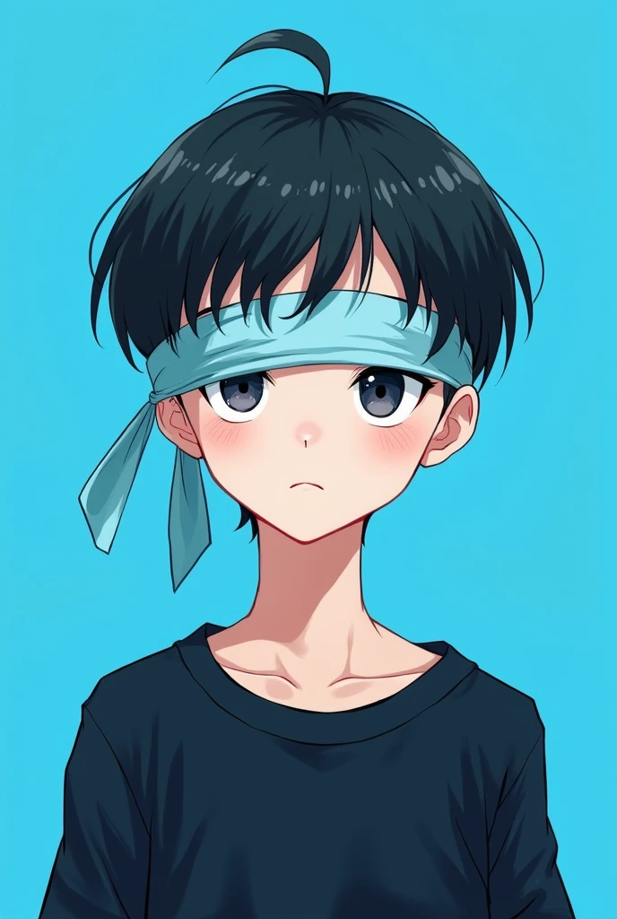 Make me a handmade blinded anime boy with bright blue background with black shirt short fit in whole picture pfp