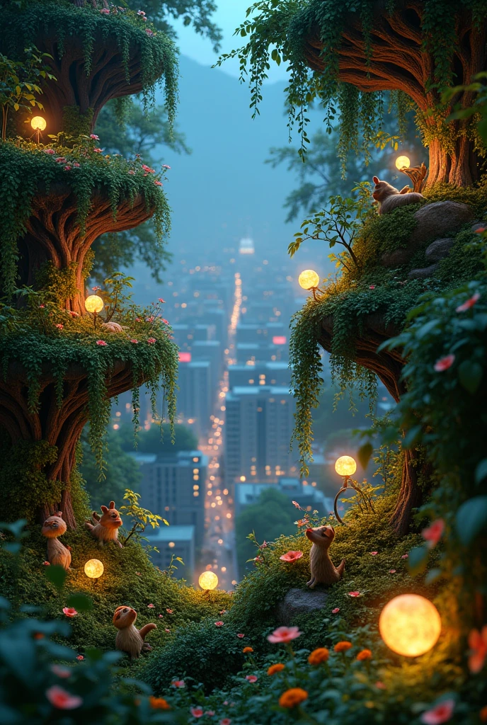 Hanging garden with lights and sound at a nighttime