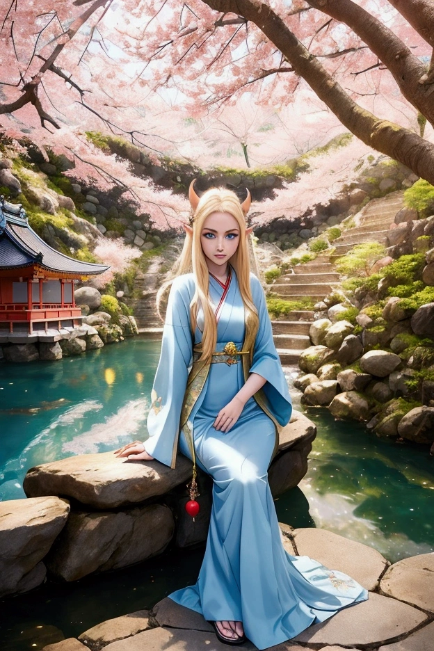 Kinkakuji, cherry blossoms and elves, Japan, Beautiful elven woman, Professional Lighting, 8k, masterpiece, ears are long and pointed, Blonde Hair, Beautiful blue eyes, Fantasy Characters, Big eyes, A happy look, Fantasy clothing, Anime elves in a real-life setting, 美しいears are long and pointed女性