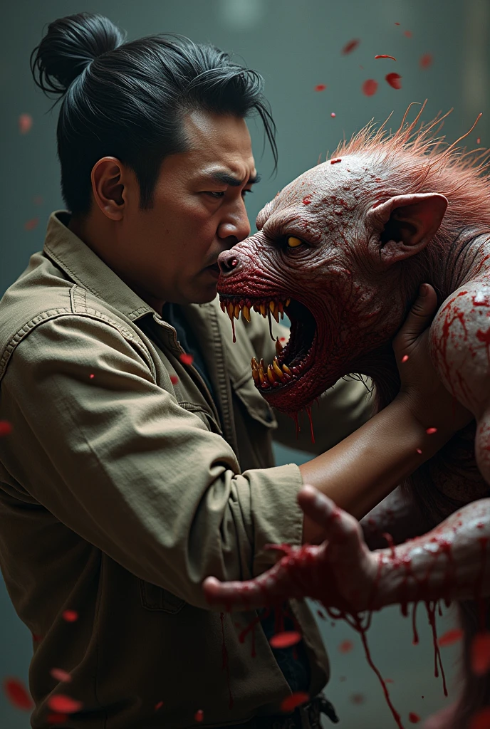 Asian man with so much blood killing the animal zombie 