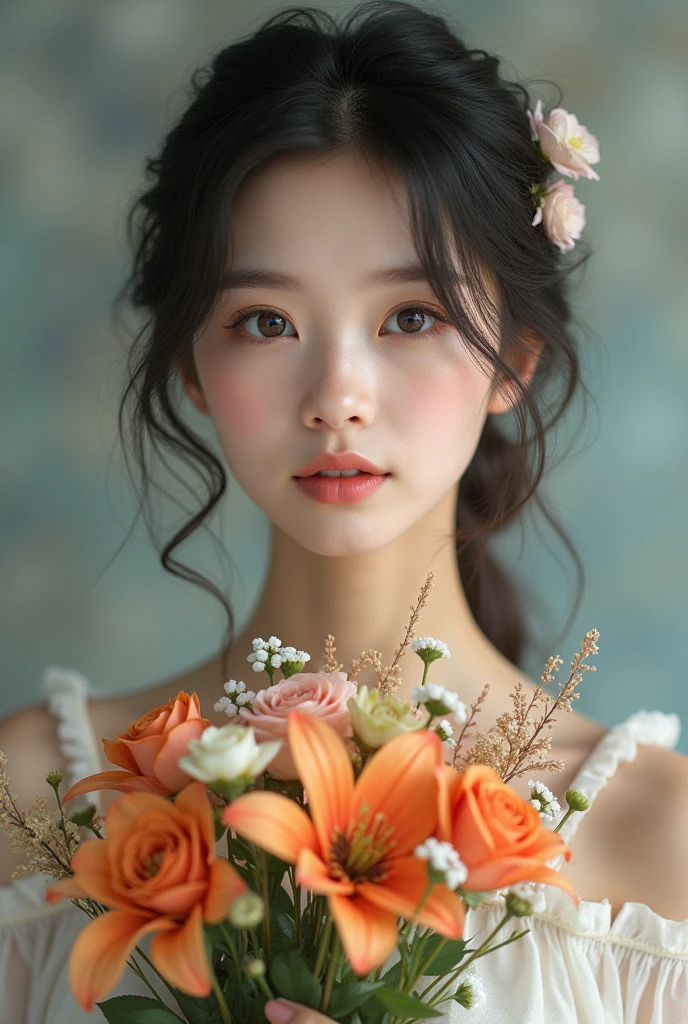 Beautiful  girl with flowers in hand 
