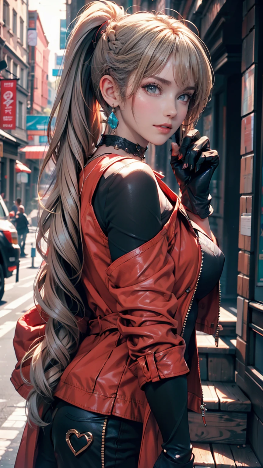 One girl, Aqua Eye, return, bangs, Exposing shoulders, black gloves, blue eyes, Braiding, choker, Earrings, fingerless gloves, From behind, gloves, Grey Hair, Holding, Jacket, jewelry, Long Hair, View your viewers, looking return, Manicure, Off the shoulder, Lips parted, Earrings, ponytail, red Jacket, alone, Upper Body,He didn&#39;t,[[Realistic]],(Glowing Skin),(masterpiece:1.4),(Highest quality:1.4)