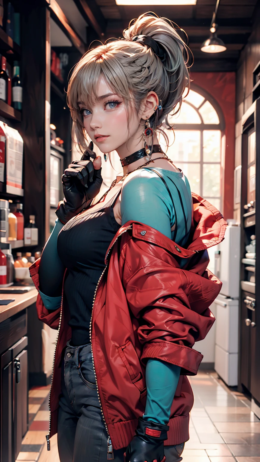 One girl, Aqua Eye, return, bangs, Exposing shoulders, black gloves, blue eyes, Braiding, choker, Earrings, fingerless gloves, From behind, gloves, Grey Hair, Holding, Jacket, jewelry, Long Hair, View your viewers, looking return, Manicure, Off the shoulder, Lips parted, Earrings, ponytail, red Jacket, alone, Upper Body,He didn&#39;t,[[Realistic]],(Glowing Skin),(masterpiece:1.4),(Highest quality:1.4)
