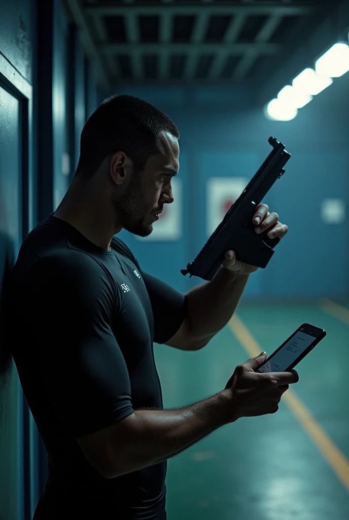 Male Olympic shooter stands sideways, one hand aiming at a target behind him, the other hand looking at a mirror in front of him.