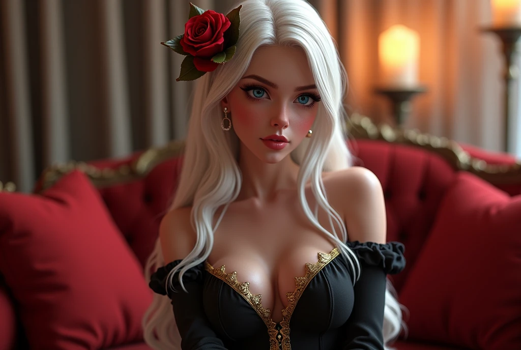 A stunning fantasy 3D render of a beautiful woman with white hair wearing a black dress, adorned with a red rose in her long blonde locks. She sits majestically on a red couch, her gaze slightly averted to the side as she blushed cheeks and piercing blue eyes captivate the viewer. The ambient lighting casts a warm glow on her bare shoulders, gold trim on her dress, and delicate earrings. In the blurry background, a curtain and chandelier hint at an indoor setting, while a pillow and candle add to the sense of intimacy. The artist's name is not specified, but this captivating piece would be a strong contender in any fantasy art contest. , retina, accurate, masterpiece, super detail, high details, best quality, award winning, highres, HD, 4K, 8k, 16k, retina, accurate, masterpiece, anatomically correct, textured skin, super detail, high quality, award winning, highres, 8k, 16k