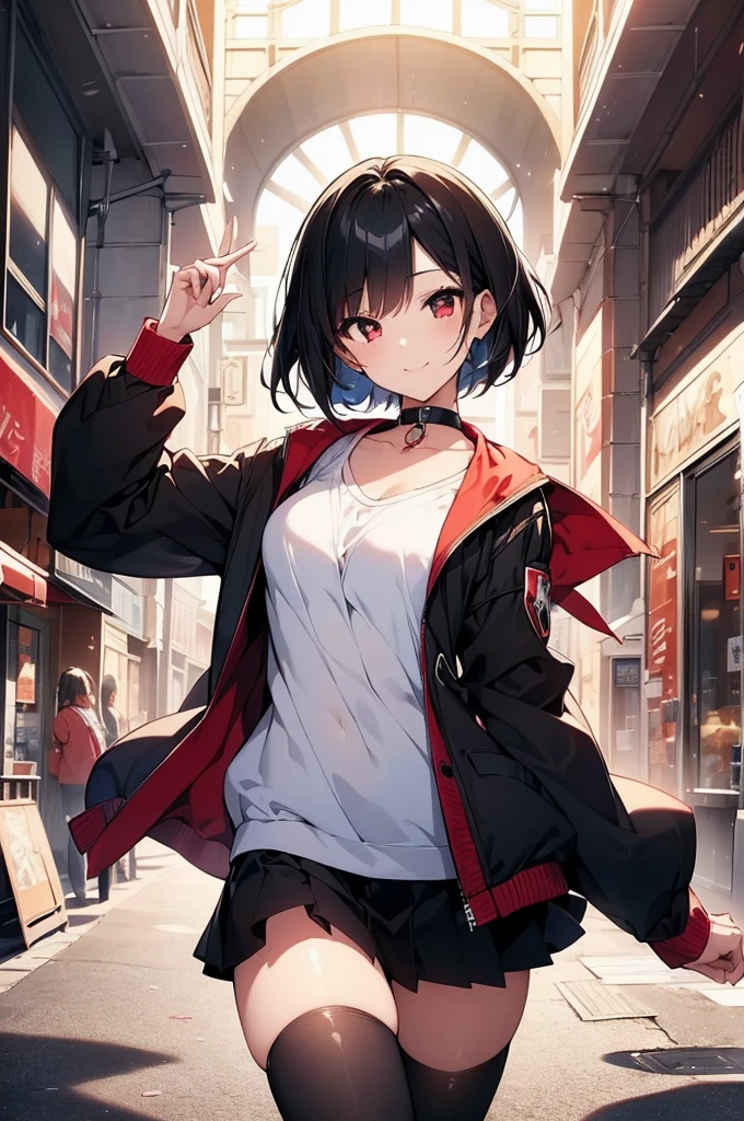 (masterpiece, highest quality, highest quality, (No text), Beautiful and aesthetic:1.2),No text,アニメ、BREAK,One Girl，Black Hair Girl　short hair　older sister　choker　Beautiful eyes　Red eyes　cool　smile　Black and Red　Cute clothes　Black jacket　stockings　whole body　In town