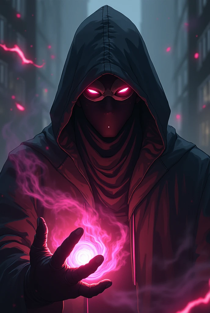 Anime man who has dark pink aura energy around him,wearing a full face mask and a hoodie cap,summon a pink energy on his hand,wear gloves,looks evil