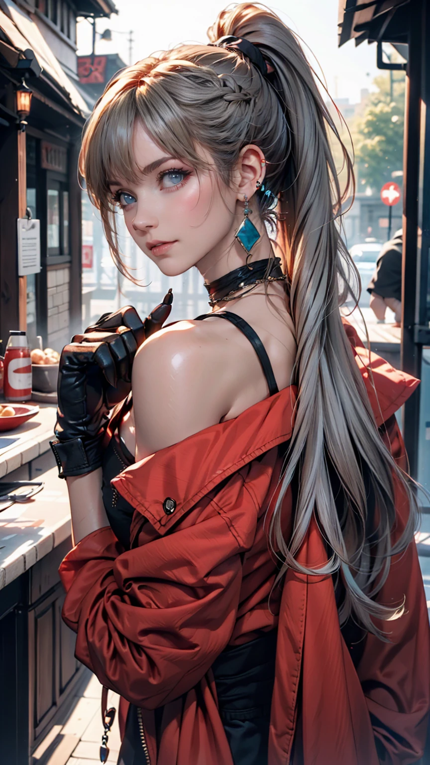 One girl, Aqua Eye, return, bangs, Exposing shoulders, black gloves, blue eyes, Braiding, choker, Earrings, fingerless gloves, From behind, gloves, Grey Hair, Holding, Jacket, jewelry, Long Hair, View your viewers, looking return, Manicure, Off the shoulder, Lips parted, Earrings, ponytail, red Jacket, alone, Upper Body,He didn&#39;t,[[Realistic]],(Glowing Skin),(masterpiece:1.4),(Highest quality:1.4)