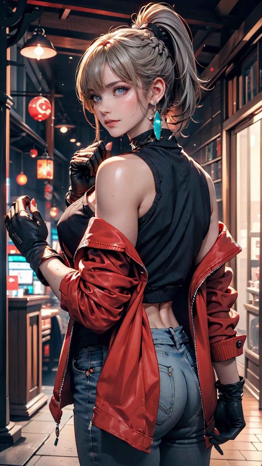 One girl, Aqua Eye, return, bangs, Exposing shoulders, black gloves, blue eyes, Braiding, choker, Earrings, fingerless gloves, From behind, gloves, Grey Hair, Holding, Jacket, jewelry, Long Hair, View your viewers, looking return, Manicure, Off the shoulder, Lips parted, Earrings, ponytail, red Jacket, alone, Upper Body,He didn&#39;t,[[Realistic]],(Glowing Skin),(masterpiece:1.4),(Highest quality:1.4)