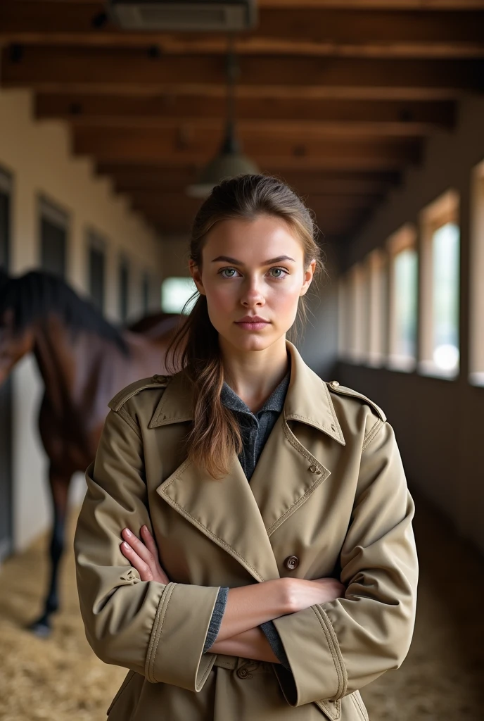 German Woman 20 years Big with a ponytail hair  in a beige Trenchcoat Hands on the Belt in Horse stable

 