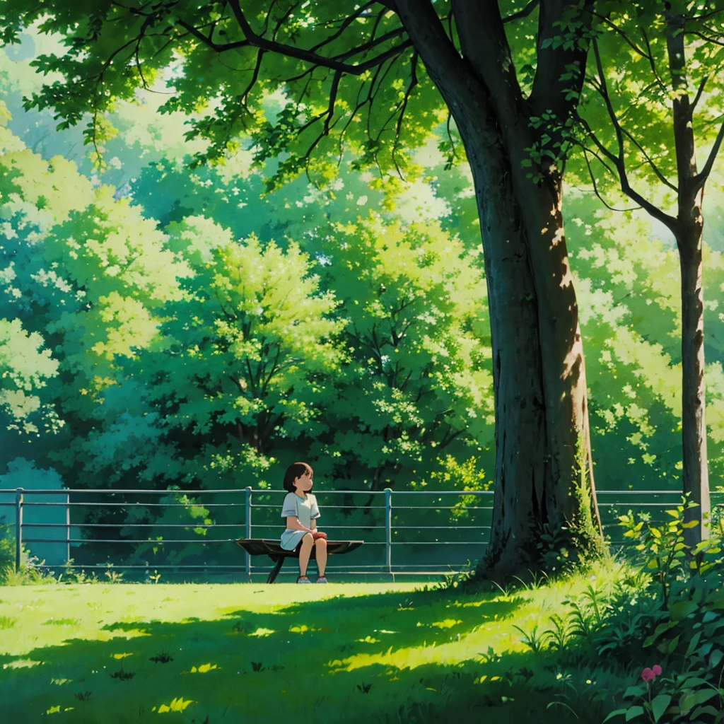 a girl is listening to music, chilling in the park, greenery, relaxing feeling 