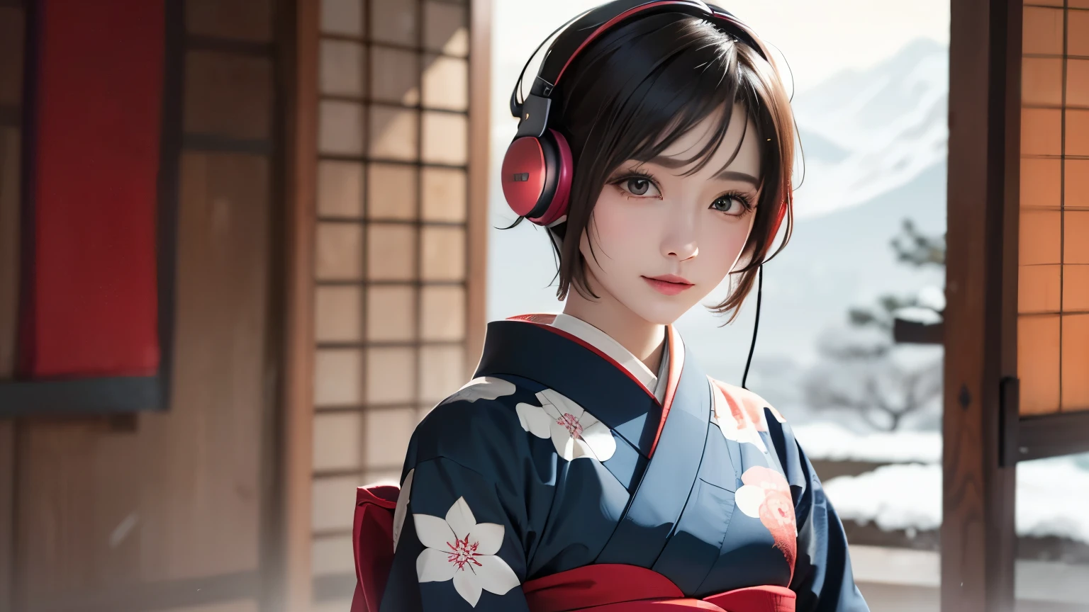 ((japanese kimono)), Snowy Japanese shrine background, (cowboy shot:1.3), (UHigh resolution, retina, masterpiece, Accurate, Anatomically correct, Textured skin, Super detailed, Attention to detail, high quality, High resolution, 1080p, 4K, 8K, 16K), (Beautiful fine details, Beautiful lip detail, Highly detailed eyes and face), Soft lighting, Physically Based Rendering, Vibrant colors, (Shiny Hair, Shiny skin), (blur), Eye Reflexes, (short hair:1.4), (headphones, wearing headphones),