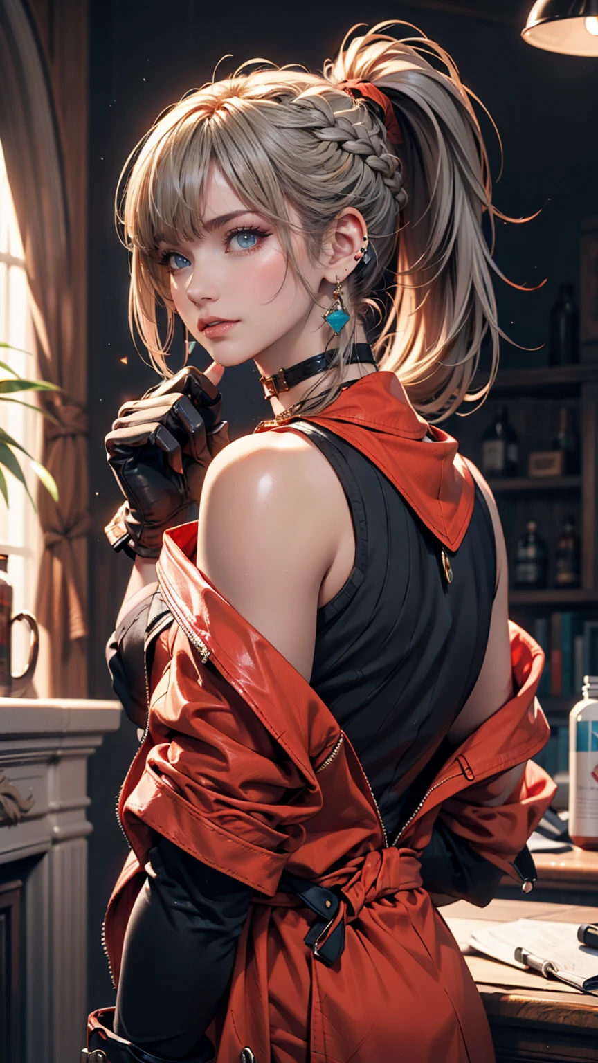 One girl, Aqua Eye, return, bangs, Exposing shoulders, black gloves, blue eyes, Braiding, choker, Earrings, fingerless gloves, From behind, gloves, Grey Hair, Holding, Jacket, jewelry, Long Hair, View your viewers, looking return, Manicure, Off the shoulder, Lips parted, Earrings, ponytail, red Jacket, alone, Upper Body,He didn&#39;t,[[Realistic]],(Glowing Skin),(masterpiece:1.4),(Highest quality:1.4)