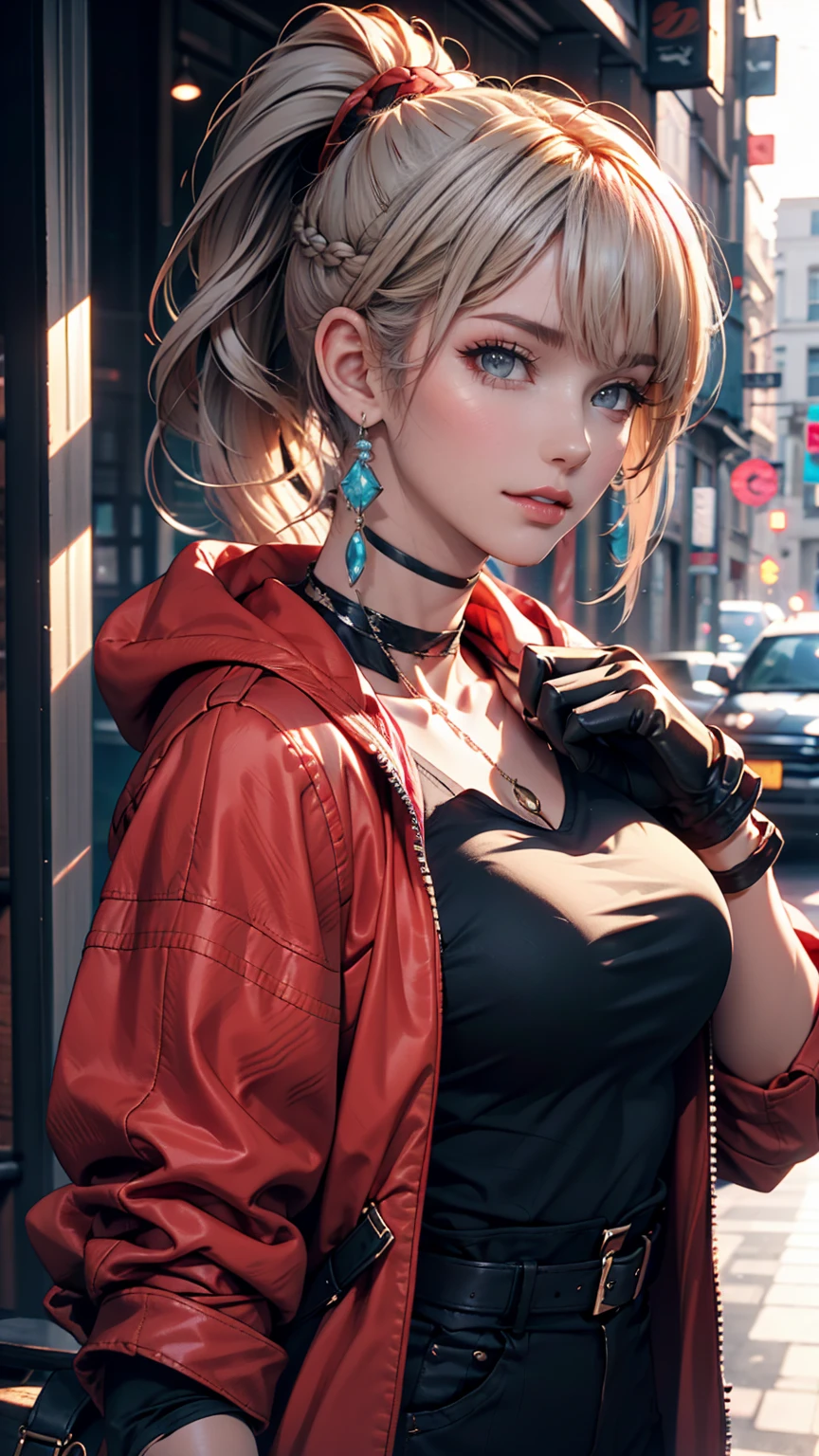 One girl, Aqua Eye, return, bangs, Exposing shoulders, black gloves, blue eyes, Braiding, choker, Earrings, fingerless gloves, From behind, gloves, Grey Hair, Holding, Jacket, jewelry, Long Hair, View your viewers, looking return, Manicure, Off the shoulder, Lips parted, Earrings, ponytail, red Jacket, alone, Upper Body,He didn&#39;t,[[Realistic]],(Glowing Skin),(masterpiece:1.4),(Highest quality:1.4)