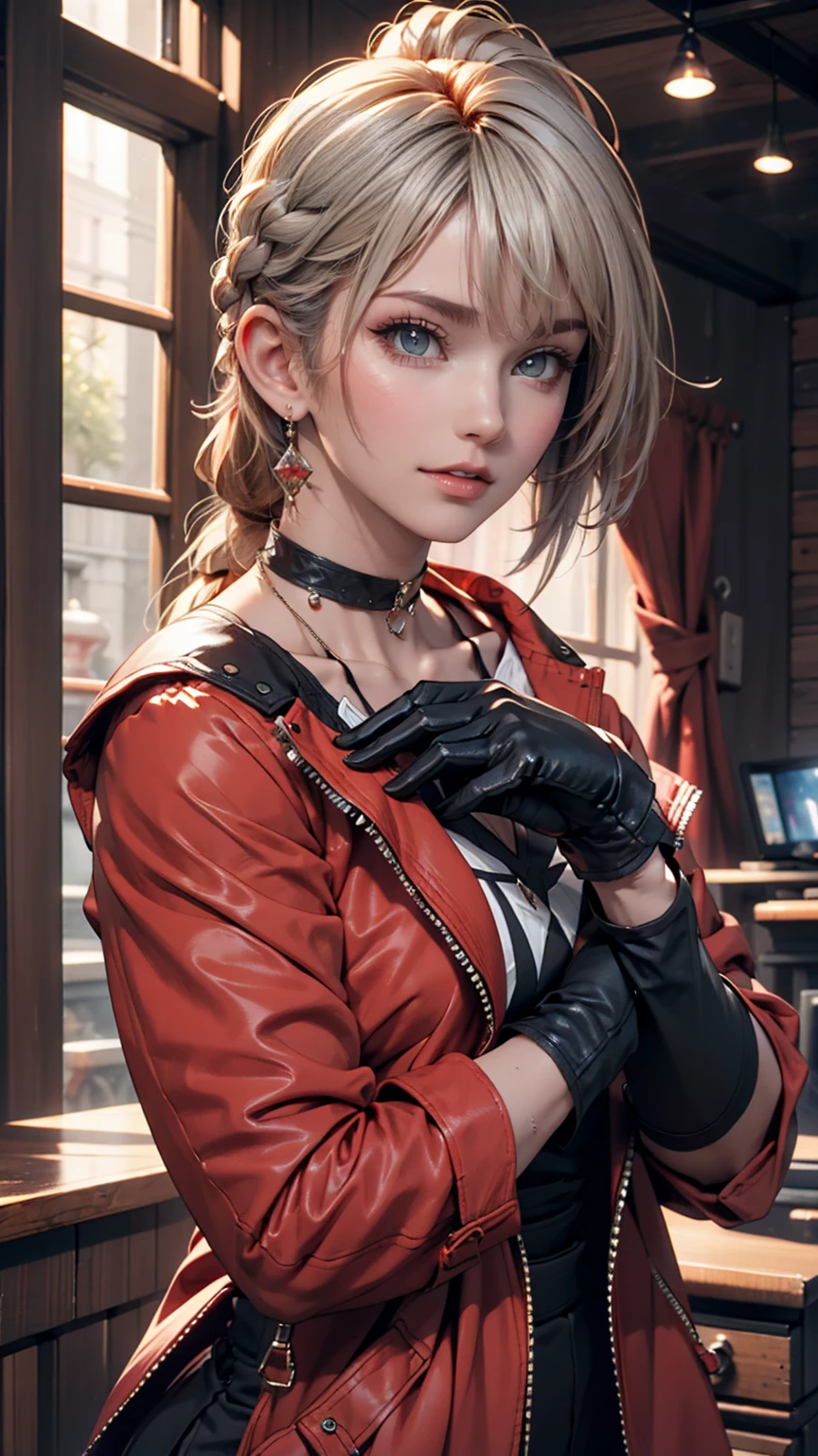 One girl, Aqua Eye, return, bangs, Exposing shoulders, black gloves, blue eyes, Braiding, choker, Earrings, fingerless gloves, From behind, gloves, Grey Hair, Holding, Jacket, jewelry, Long Hair, View your viewers, looking return, Manicure, Off the shoulder, Lips parted, Earrings, ponytail, red Jacket, alone, Upper Body,He didn&#39;t,[[Realistic]],(Glowing Skin),(masterpiece:1.4),(Highest quality:1.4)