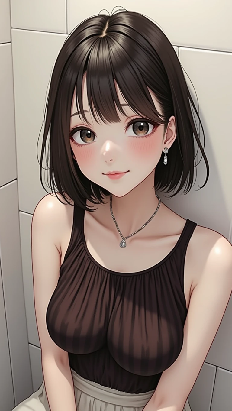 (A hyper-realistic), (Lighting), (high resolution), (8k), (highy detailed), (The best Lightingns), (beautiful detailed eyes), (Maximum quality), (ultra detali), (Masterpiece artwork), (wall-paper), (face detailed), (beautiful smiling face)、(beautiful face)、(A brunette)、Medium and short bob cut hair、flat hair、eyes black、Earrings with bangs、a necklace、 only、(((Cute Japanese Girl)))、 ((Beautiful 20 year old Japanese girl))、 (((no clothing)))、(((naked)))、((new))、((baby face))、(((Large G Cup)))、(((Breasts huge!!!!)))、 (((Colossal !!!!)))、Same as body size、standing up outdoors、((Huge breasted))、 (((Glamorous body)))、slightly chubby figure、 gravure model、Seduction poses、(R-18), looking at the camera (((NSFW))), (((in the bathroom))))