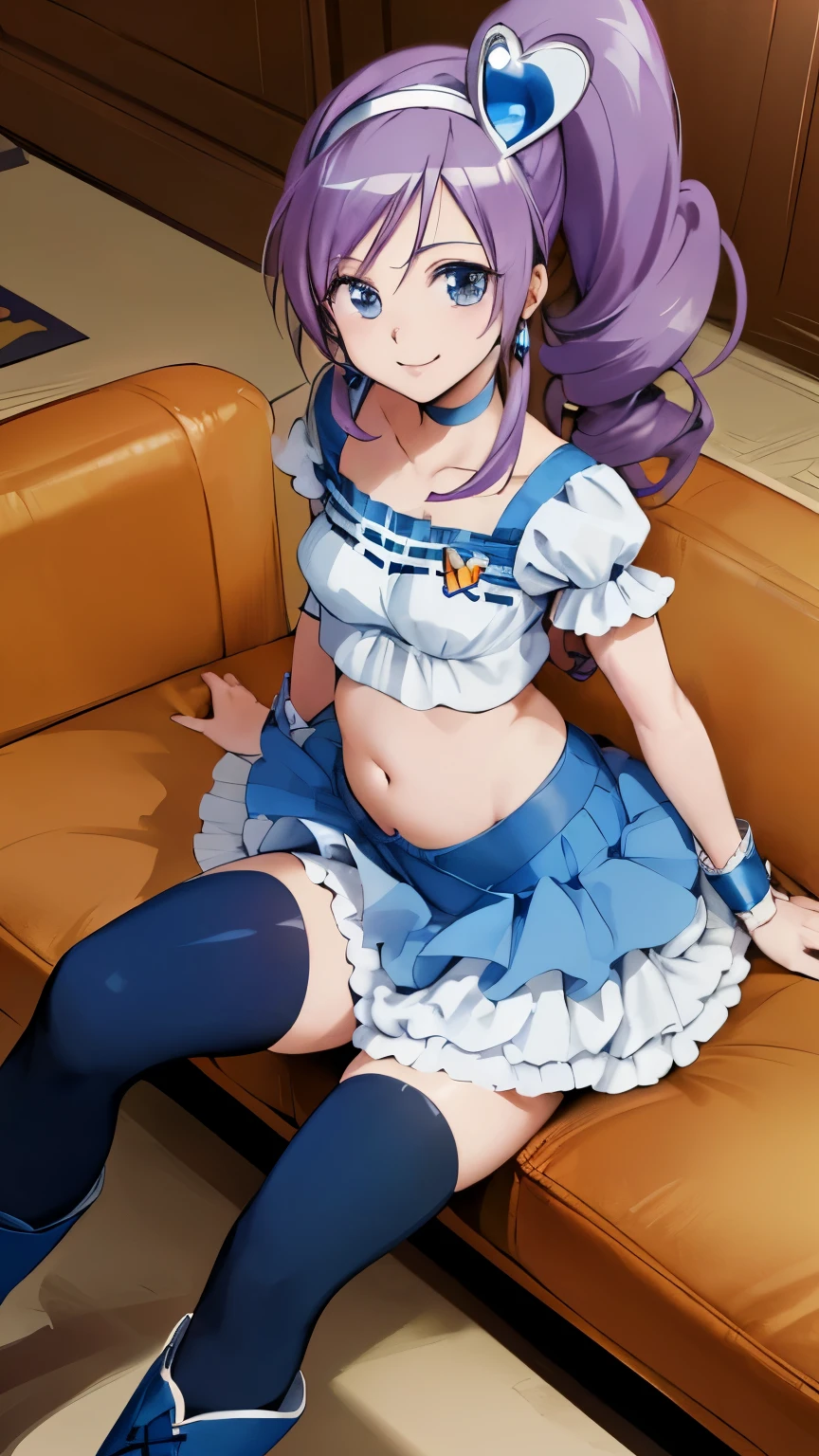 masterpiece, Highest quality, View Audience, , (belly button出し:1.2),Sit on the sofa,Smiling Girl, (Cure Berry:1.1), Pretty Cure, Wrist cuff, Blue Skirt, Side Ponytail, Blue Boots, gem, hair band, Navy Knee Socks, belly button, Blue Ribbon,