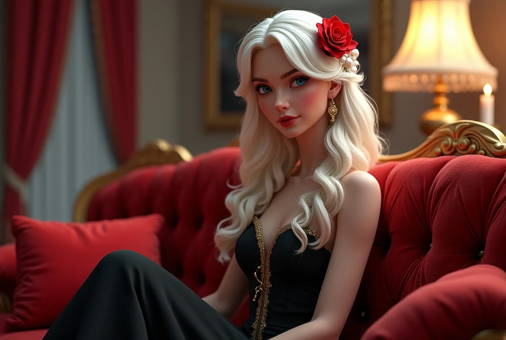 A stunning fantasy 3D render of a beautiful woman with white hair wearing a black dress, adorned with a red rose in her long blonde locks. She sits majestically on a red couch, her gaze slightly averted to the side as she blushed cheeks and piercing blue eyes captivate the viewer. The ambient lighting casts a warm glow on her bare shoulders, gold trim on her dress, and delicate earrings. In the blurry background, a curtain and chandelier hint at an indoor setting, while a pillow and candle add to the sense of intimacy. The artist's name is not specified, but this captivating piece would be a strong contender in any fantasy art contest. , retina, accurate, masterpiece, super detail, high details, best quality, award winning, highres, HD, 4K, 8k, 16k, retina, accurate, masterpiece, anatomically correct, textured skin, super detail, high quality, award winning, highres, 8k, 16k