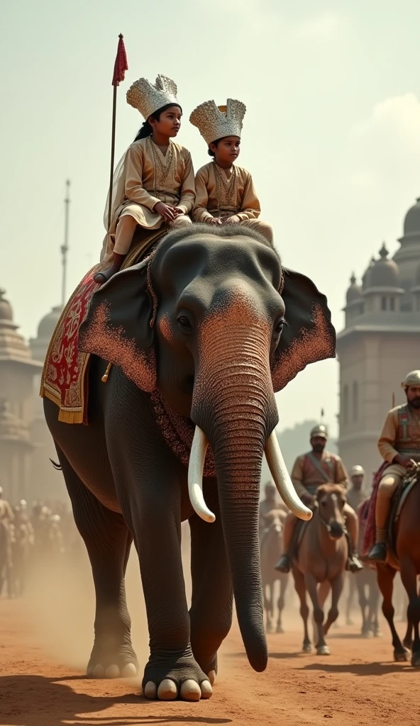 Two young male children of Tipu Sultan wearing the 18th century costumes sitting on back of a gigantic elephant in a decorated silver Hooda. A old mahooth sitting on the head of the elephant is controlling and coming out of the gates of Srirangapatna. Tipu Sultan's cavalry and camel mounted soldiers are following them as part of the procession. The whole seen is in UHD resolution from the ground level shot in Very high resolution