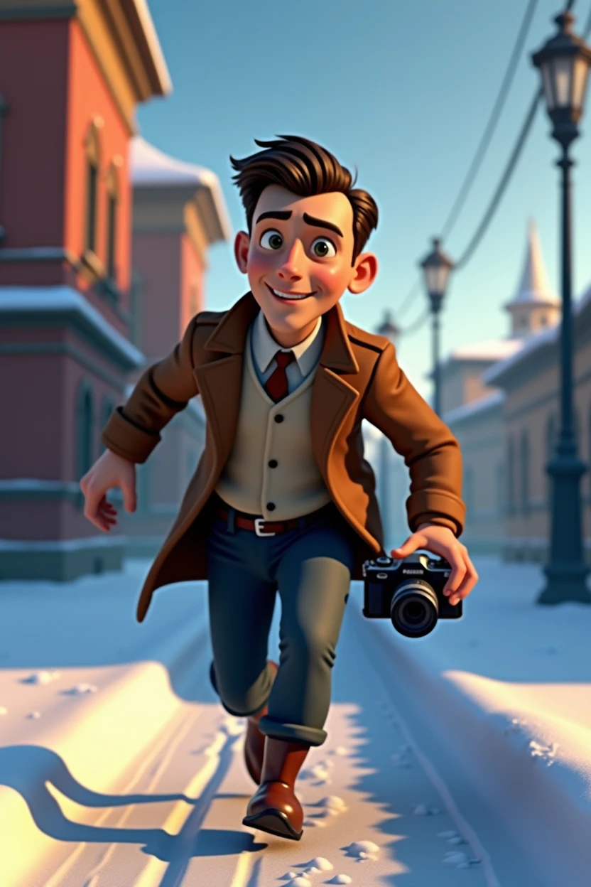 Pixar style, animation, 3d, journalist, 1900s, Russia, snow background, journey, camera, 30s age, adventure, running , movie poster, high quality, running face expression, vantage camera on his hand, full body shows. Disney, running from gangsters.