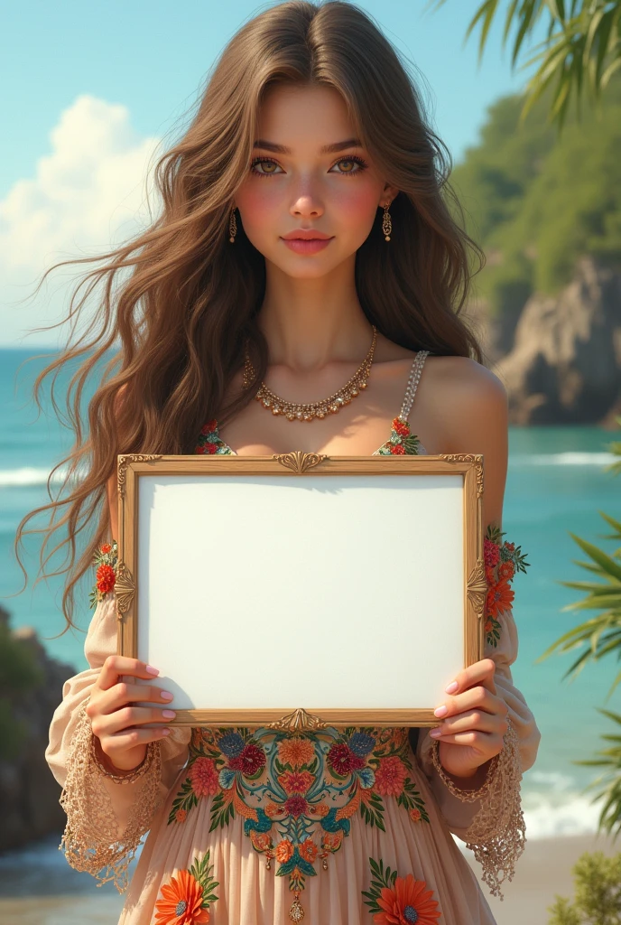 Beautiful girl with wavy long hair, bohemian dress, holding a white board with text "I Love Seaart Infinity" and showing it to the viewer