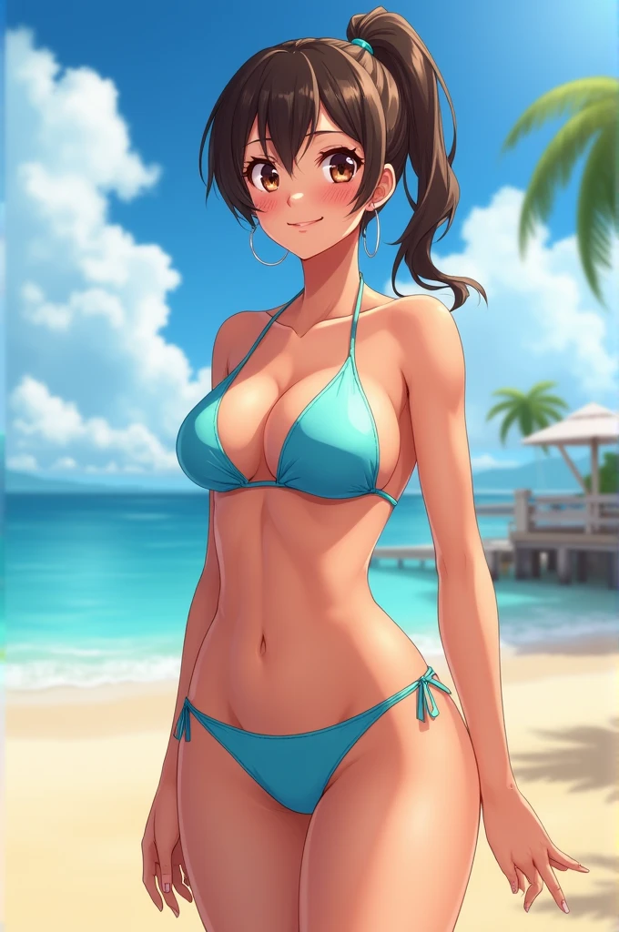 masterpiece, Highest quality, High resolution, One Girl, Hamriz, ponytail, Brown eyes,big , without bickni、Beach,Outdoor、Upper body close-up、Muscular body、blush、Sweat、Composition from the front、anime、(((Light blue bikini、Stand in front、audience、Facing forward)))