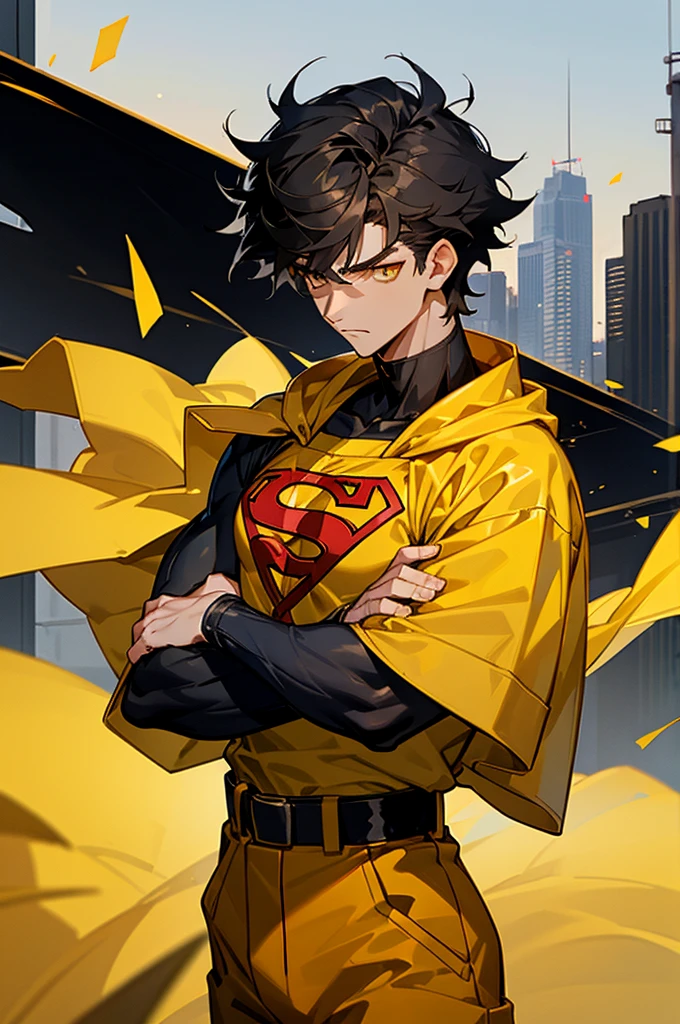 1male , Low taper fade , messy hair ,short hair, black Hair , golden Eyes , Lean ,teen male , black Body Suit , Serious Expression , Modern City Background , Yellow Baggy Pants , Sash belt , Yellow S symbol on chest, street level background, cowboy shot, upper body, superman shirt, arms crossed, white arm sleeves, black and yellow long sleeved jacket,