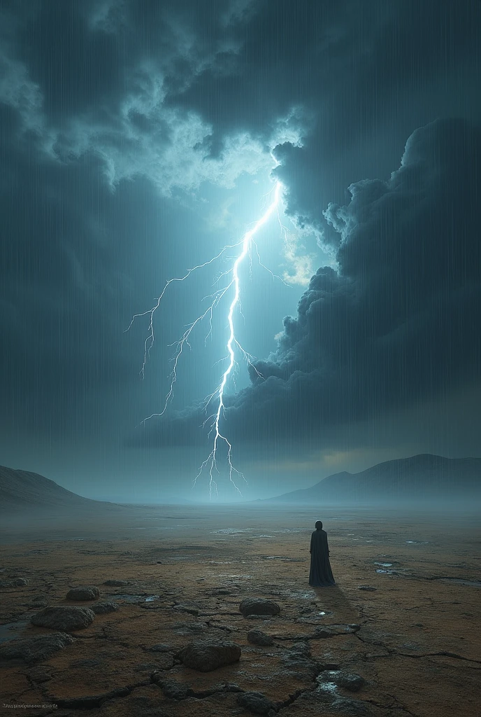 Celestial view showing torrential rain beginning to fall on a desolate land.