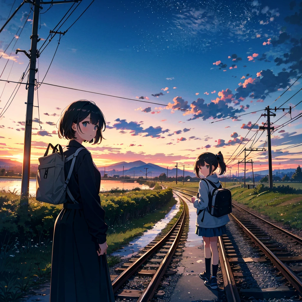 {{{Masterpiece, highest quality, high resolution background}}}, bright and beautiful atmosphere, 1 girl (7 years old, round face, baby face), small breasts, railroad tracks with countryside views, clothes that are easy to move in, carrying a bag on her back Two girls walking on the railroad tracks, the summer sky spreading, "deltamon_sdXL :0.73) >Deltamon"